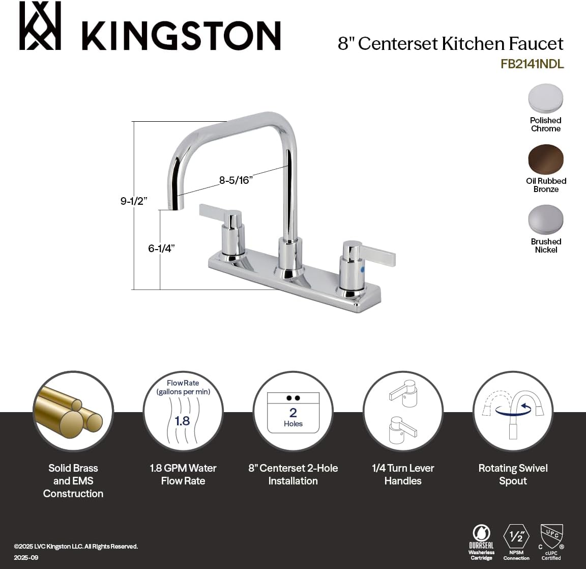 Kingston Brass FB2141NDL NuvoFusion 8-Inch Centerset Kitchen Faucet, Polished Chrome