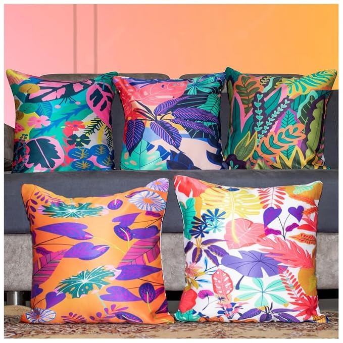 Image of Decorative Satin Sofa Cushion Covers Set of 5, 16 x 16 Inches, Multicolor Floral Printed Pillow Covers for Living Room, Bedroom, Couch & Sofa, Soft Glossy Fabric, Zipper Closure