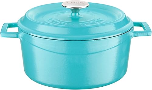 LAVA - Horno holandés multiusos de hierro fundido esmaltado, 4.75 cuartos de galón, serie primavera con tapa moderna, color turquesa