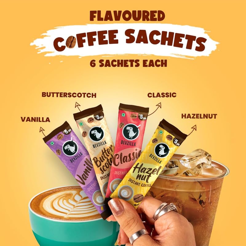 Image of Bevzilla 24 Assorted Instant Coffee Sachets | 24x2Gm Pouches | Arabica Coffee | 4 Flavours: Butterscotch, Classic, Vanilla, Hazelnut | Perfact for Espresso, Latte & Cappucino (Pack of 6)