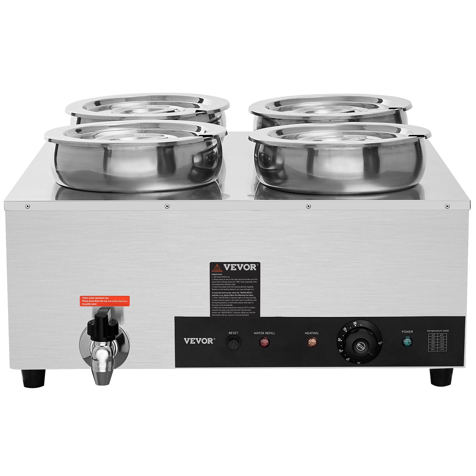 VEVOR Scaldazuppe Elettrico 580 x 648 x 310 mm Scaldavivande Commerciale in acciaio inox 4 x 8,14 L 1500 W Temperatura Regolabile 30-85 °C Protezione da Bruciature a Secco per Buffet del Ristorante