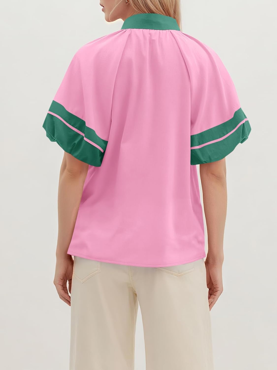 Cicy Bell Womens Color Block Puff Half Sleeve Tops Casual V Neck Blouse Loose Fit Side Split Shirts - Image 4