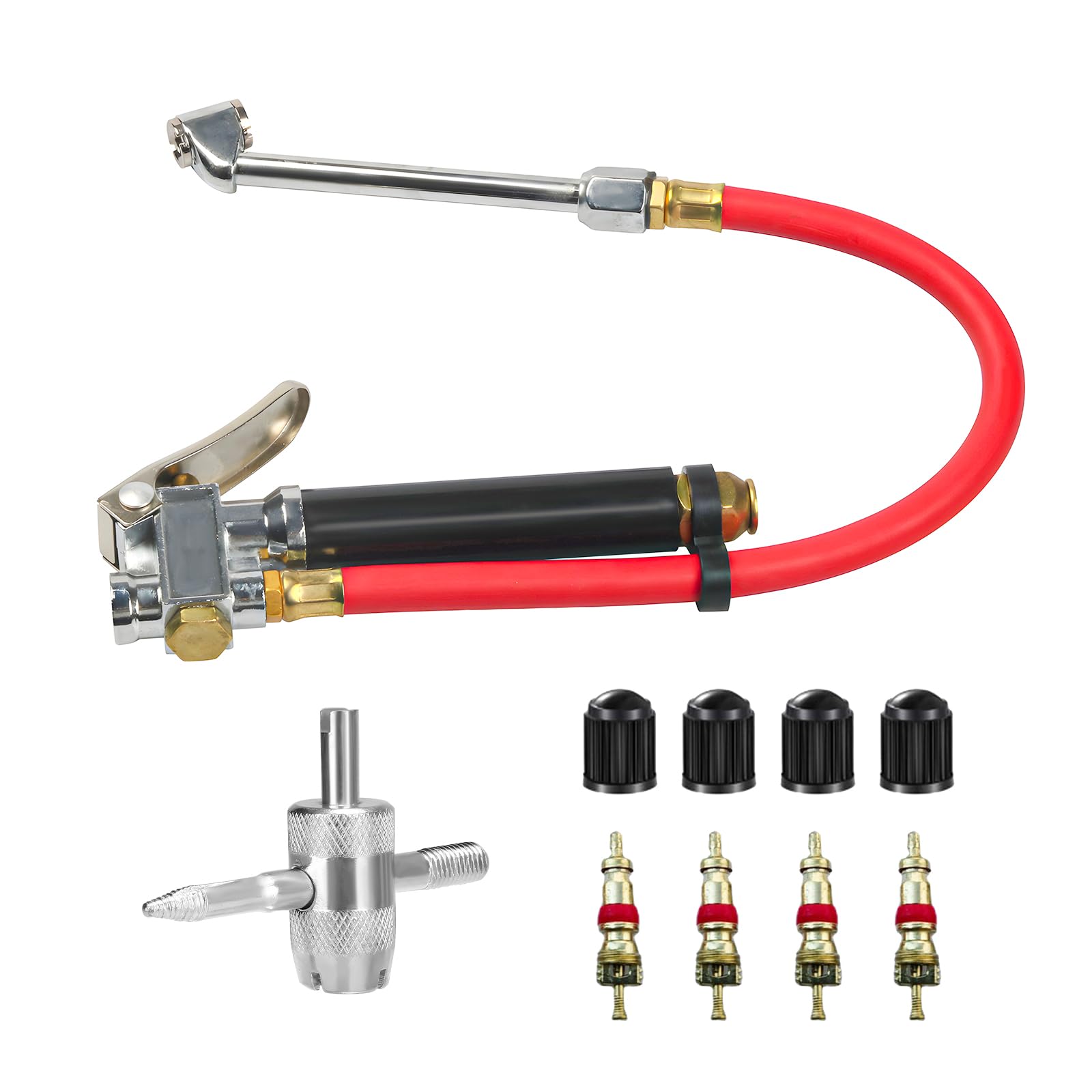 Bayonet-Style Tire Inflator with Pressure Gauge, 20-120 PSI Tire Inflator Gauge with 4 Way Tool &amp; Valve Cores, 1/4" NPT Air Inlet Chuck Tire Inflator Gauge with 13" Hose （Black）