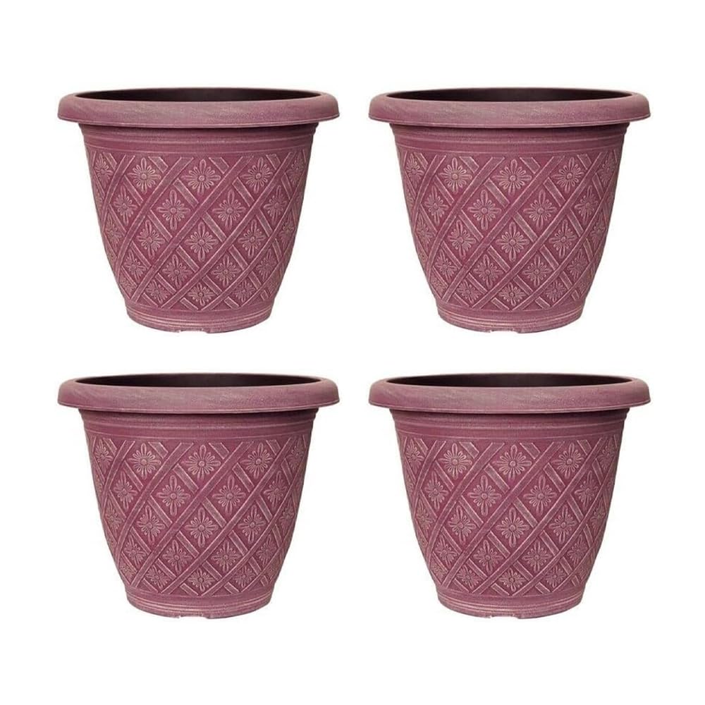 Woven Blossom Planter Decorative Plastic Plant Pot Indoor Outdoor Use | Flower Planter for Patio, Balcony, Home Garden Herbs, Succulents | Modern Container (Woven Blossom Pink, 33cm – Pack of 4)