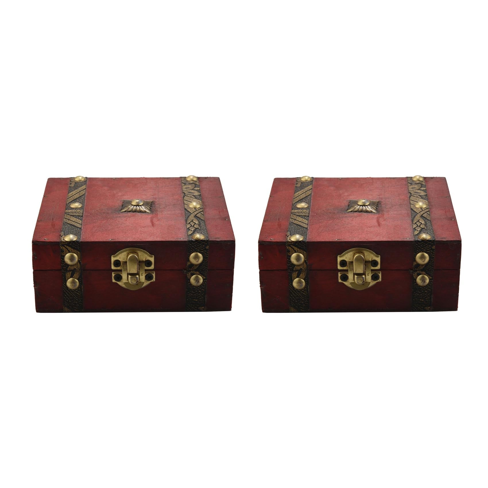 Hndhbfgrt 2X Vintage Wooden Treasure Chest Storage Box Lock Organizer Case Foldable Mini Small Wood Home Decor Container