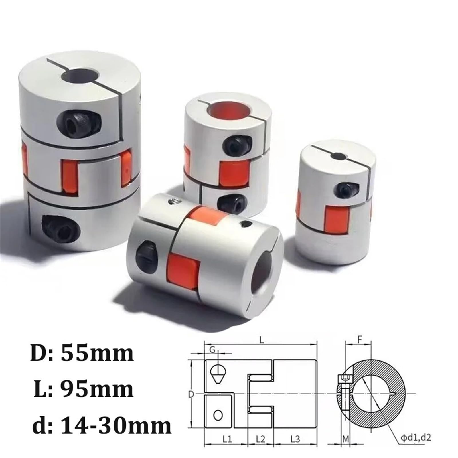Coupleur de serrage flexible LM D55 L95, taille d'arbre D55L95, accouplement à mâchoire CNC 14 mm-30 mm, 1 pièce(16x18mm)