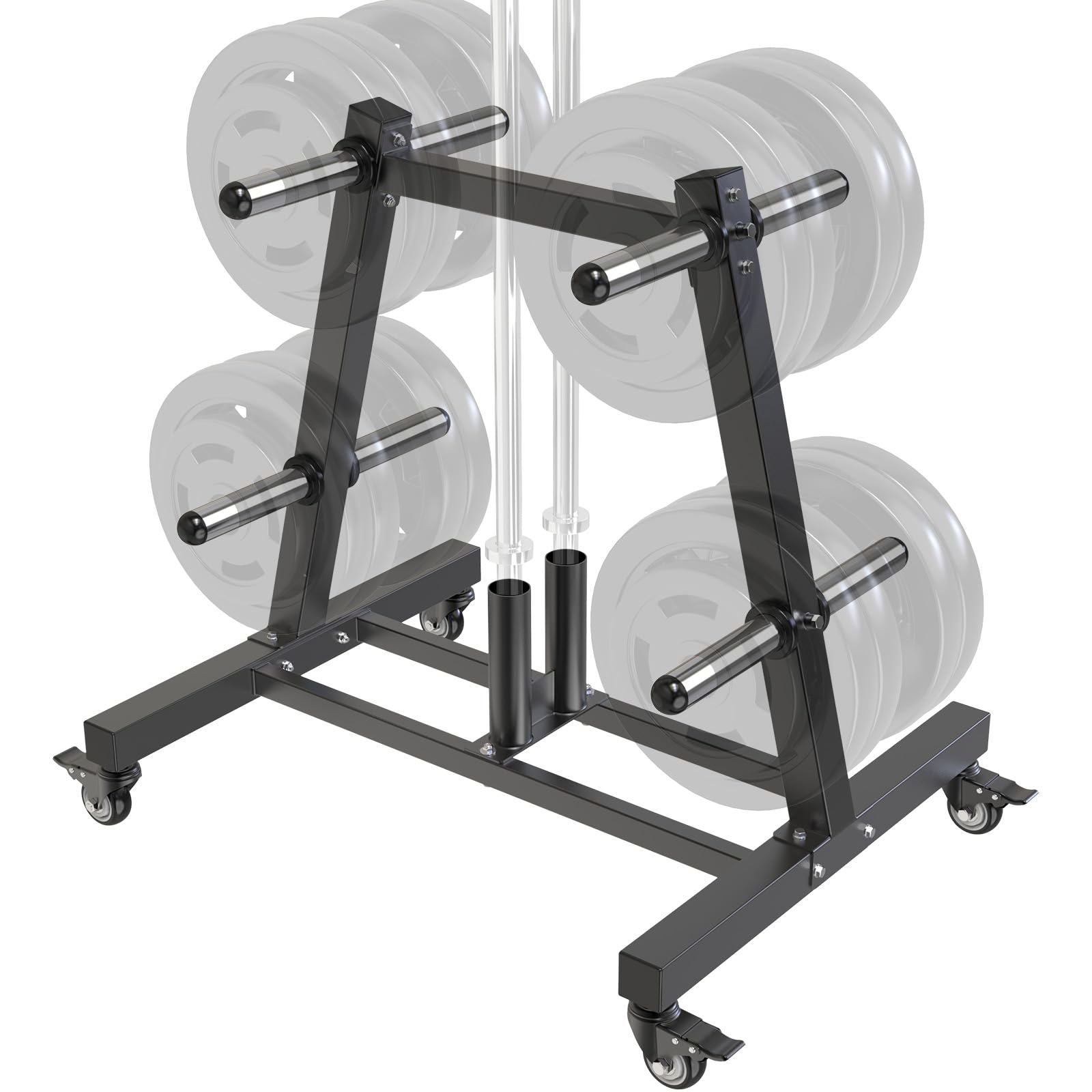 SELEWARE Soporte olímpico para discos de peso con 8 clavijas de peso y 2 soportes para barras, organizador de almacenamiento de gimnasio de acero resistente con ruedas de bloqueo para platos y barras