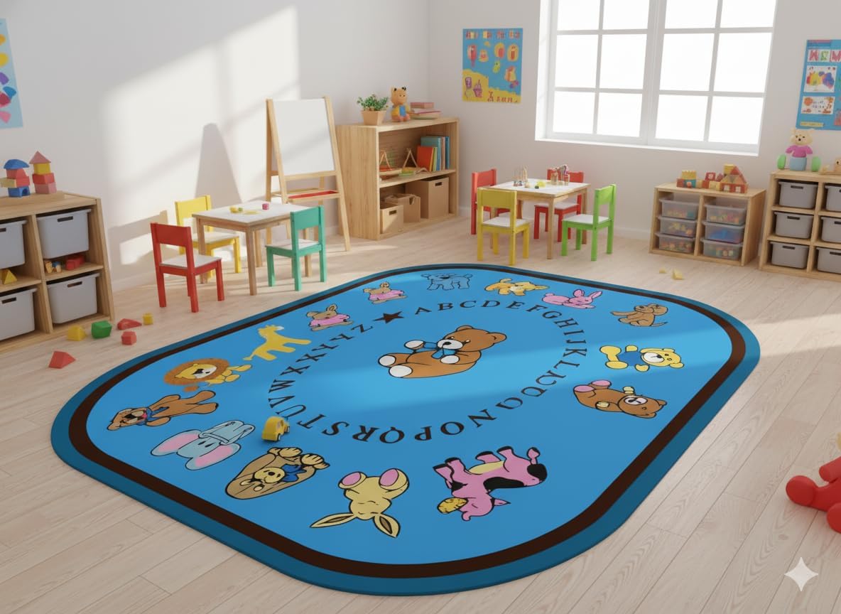 Educational Circle Classroom Rug for Preschool, Animal Safari Theme, Non-Slip Rubber Back, 106 x 145 inches, Multicolor (270x370)