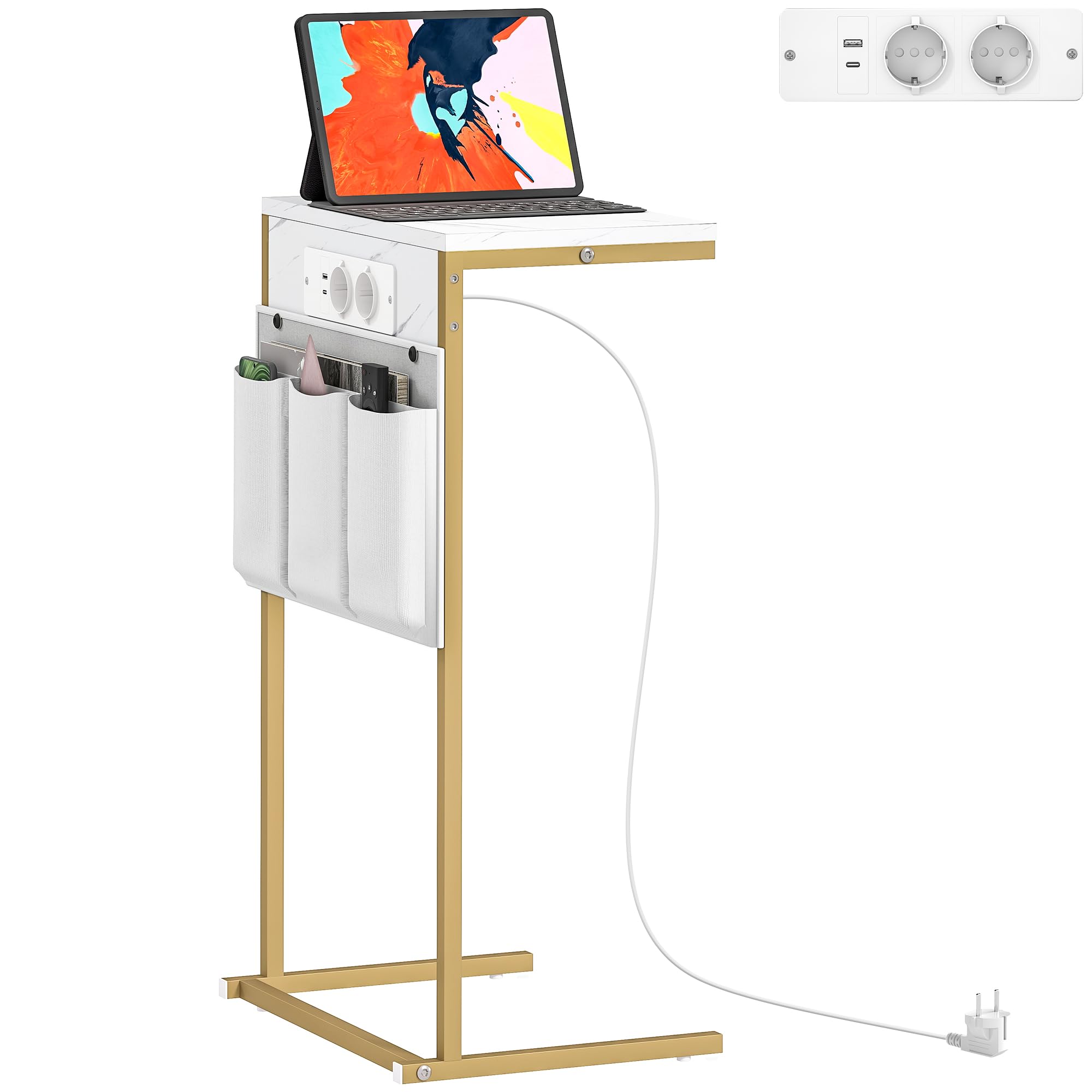 HOMCOM Mesa Auxiliar con Estación de Carga Mesa para Sofá con 2 Puertos USB 1 Puerto USB-C y Bolsillo Organizador Mesita Auxiliar para Salón Dormitorio Blanco