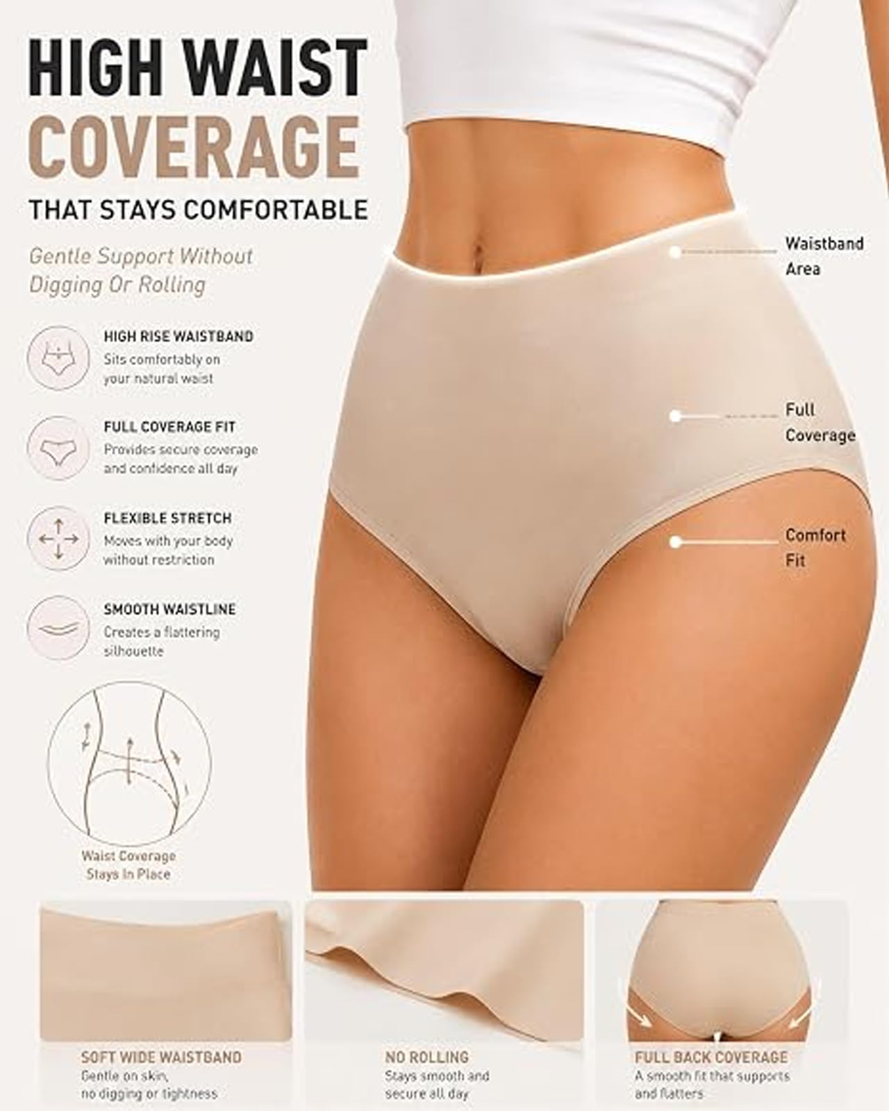 Slip Senza Cuciture da Donna a Vita Alta | Intimo traspirante No Show, mutandine morbide invisibili senza rotolamento, abbigliamento quotidiano