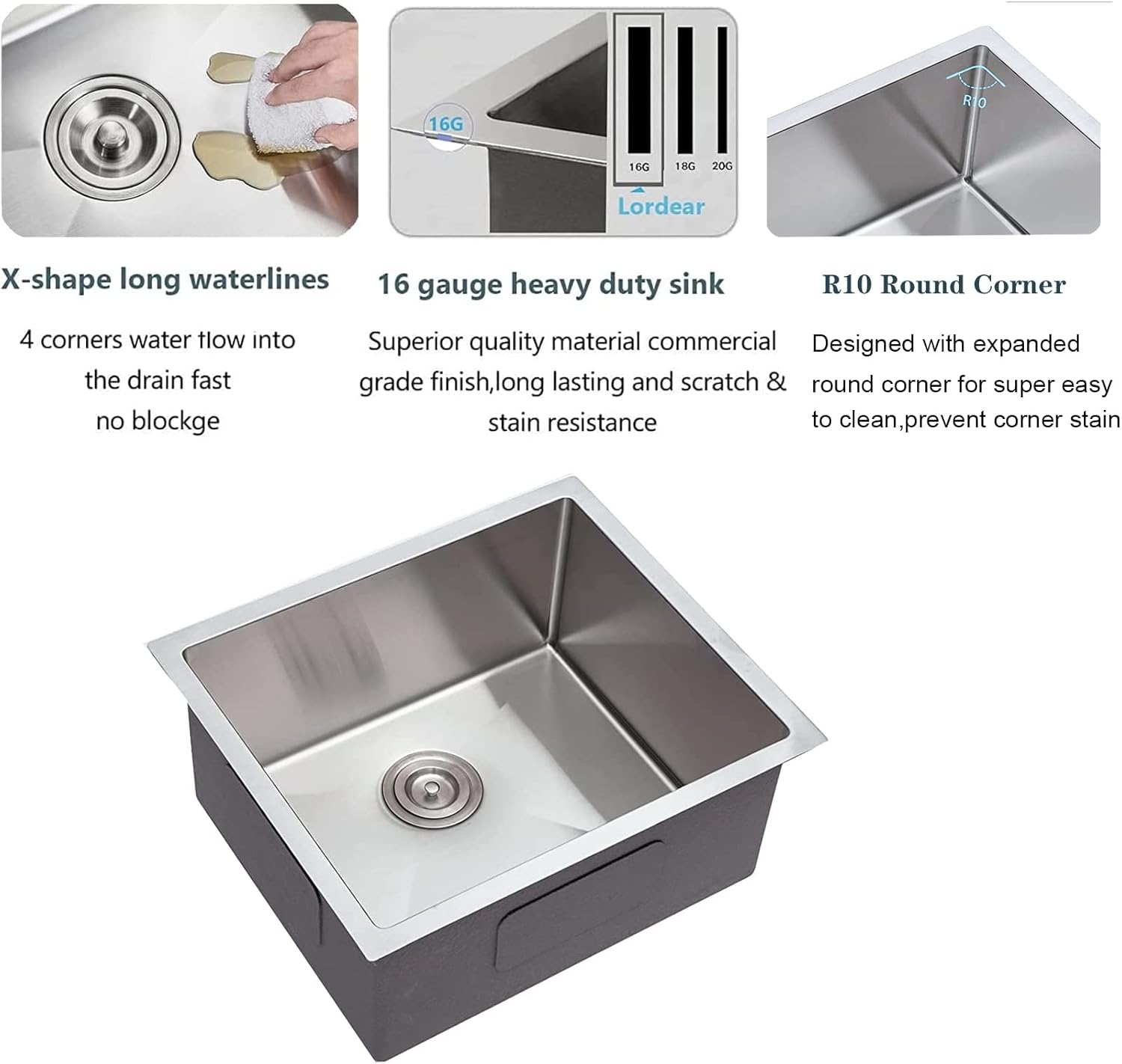 Lordear Undermount Bar Sink 17 Inch Deep Single Bowl 16 Gauge Stainless Steel Under Counter Square Kitchen Bar Prep RV Camper Outdoor Handmade Sink Basin