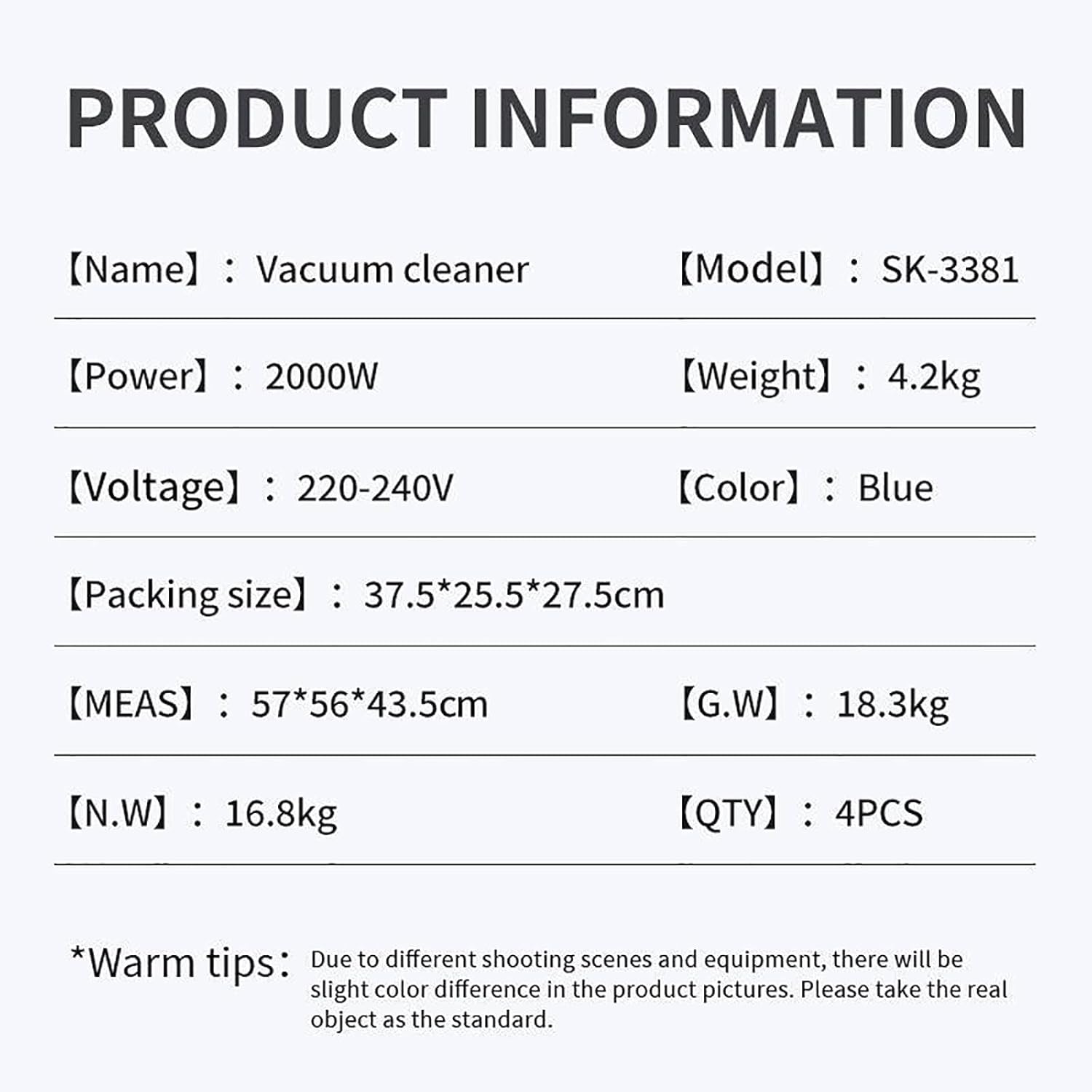 Product information table for LYAYYDS vacuum cleaner showing name, model, power, voltage, weight, color, and packing size.