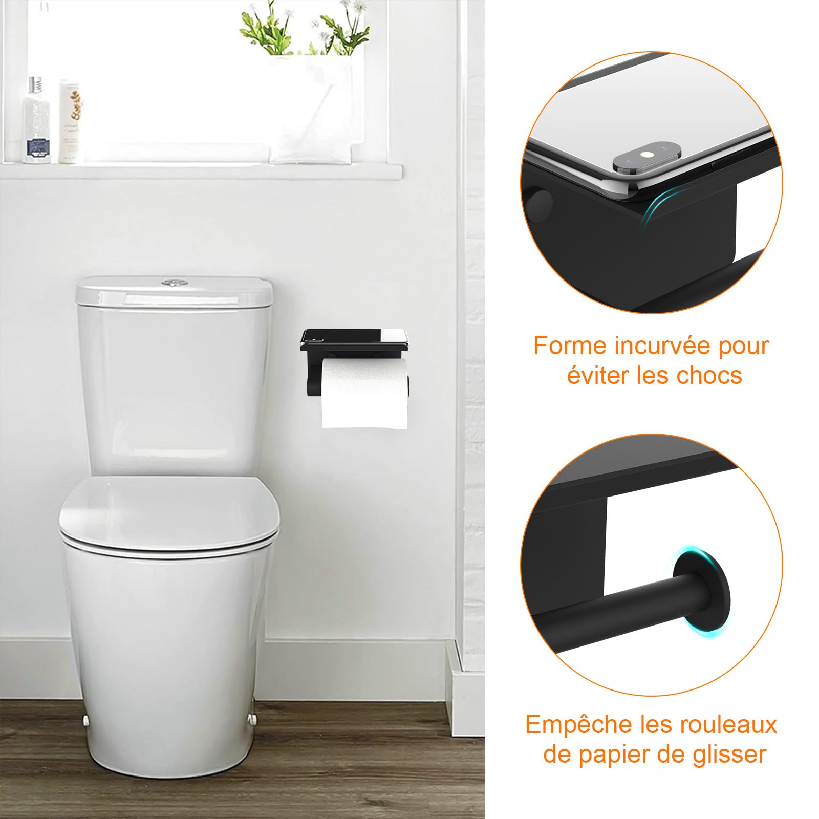 Ibergrif MK34053B Porte Papier Toilette Mural en Acier Inoxydable, Support avec Étagère, Noir