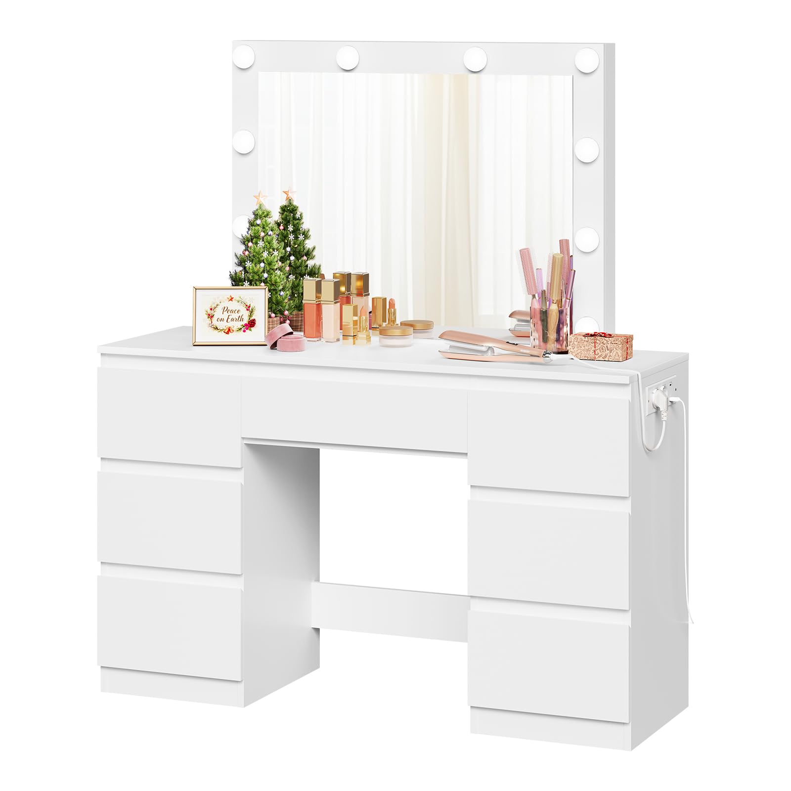WOLTU Dressing Table with Lights and Socket Strip, Vanity Desk with Large LED Mirror and 7 Drawers, Makeup Desk 110x39.5x140cm, White Modern Bedroom Dresser, MB6124ws