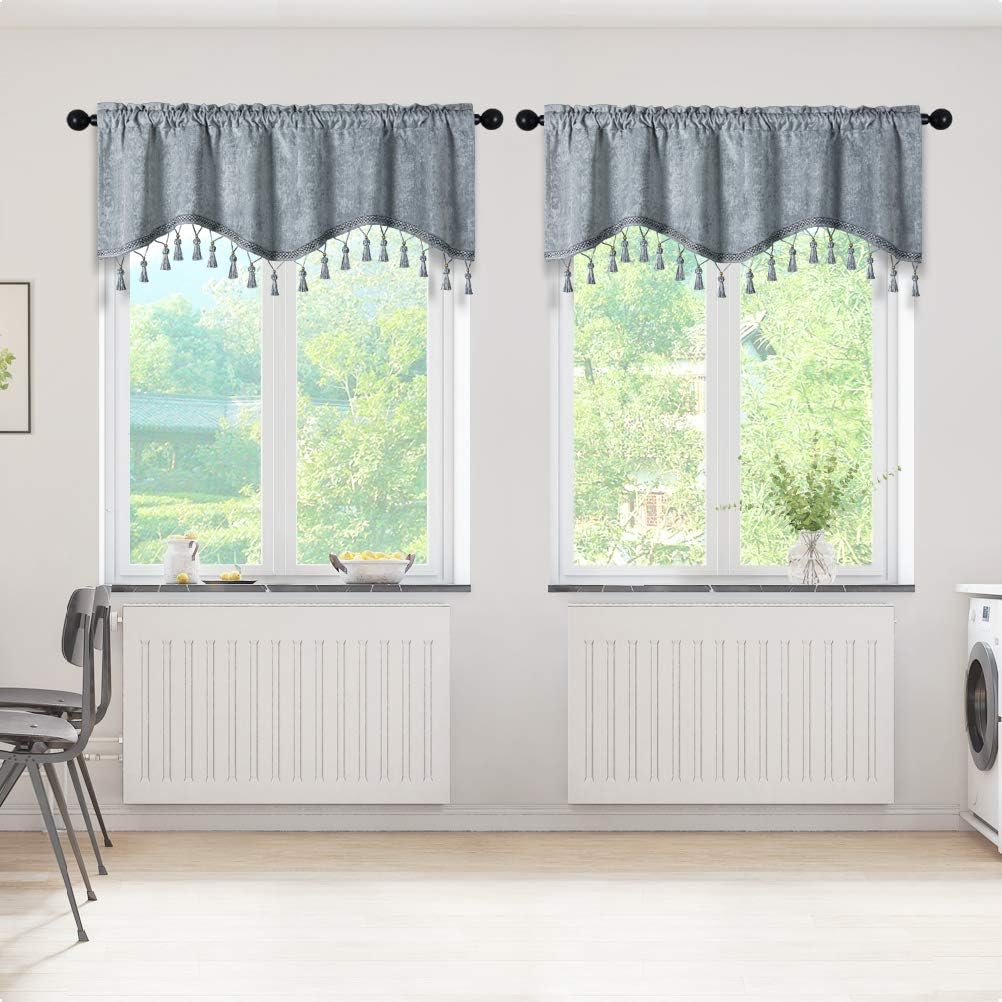 ELKCA Double-Sided Chenille Window Curtains Tier for Kitchen Silver Grey Scalloped Valance for Living Room,Pack of 2(Silver Grey, 52" W x 18" L)