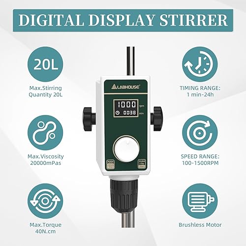 Miniatura 2 de Agitador digital OS-15S de 20L (HO) de laboratorio de base plana de acero inoxidable y 2 paletas de agitación y soporte para vaso de precipitados