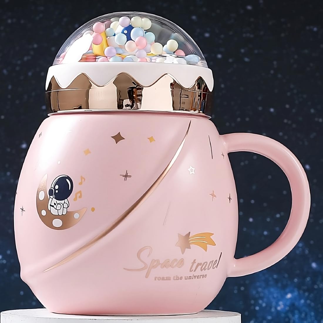 BonZeal Birthday Gift for Kids Children Ceramic Universe Pink Astronaut Travel Space Mug with Lid Tea Coffee Cup Pack of 1 500 ml Gift for Friends Gift for Daughter Gift for Birthday