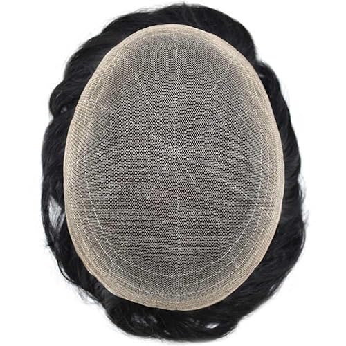 Miniatura 5 de Toupee - Sistema de reemplazo de piezas de cabello humano real, encaje suizo suave frontal para hombre, nudo blanqueado, línea capilar natural,