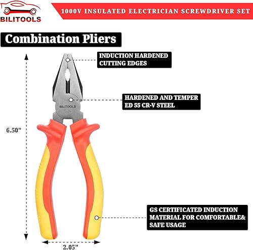 Miniatura 4 de BILITOOLS Juego de destornilladores y alicates para electricista aislado de 1000 V, kit de herramientas eléctricas de 7 piezas con Phillips