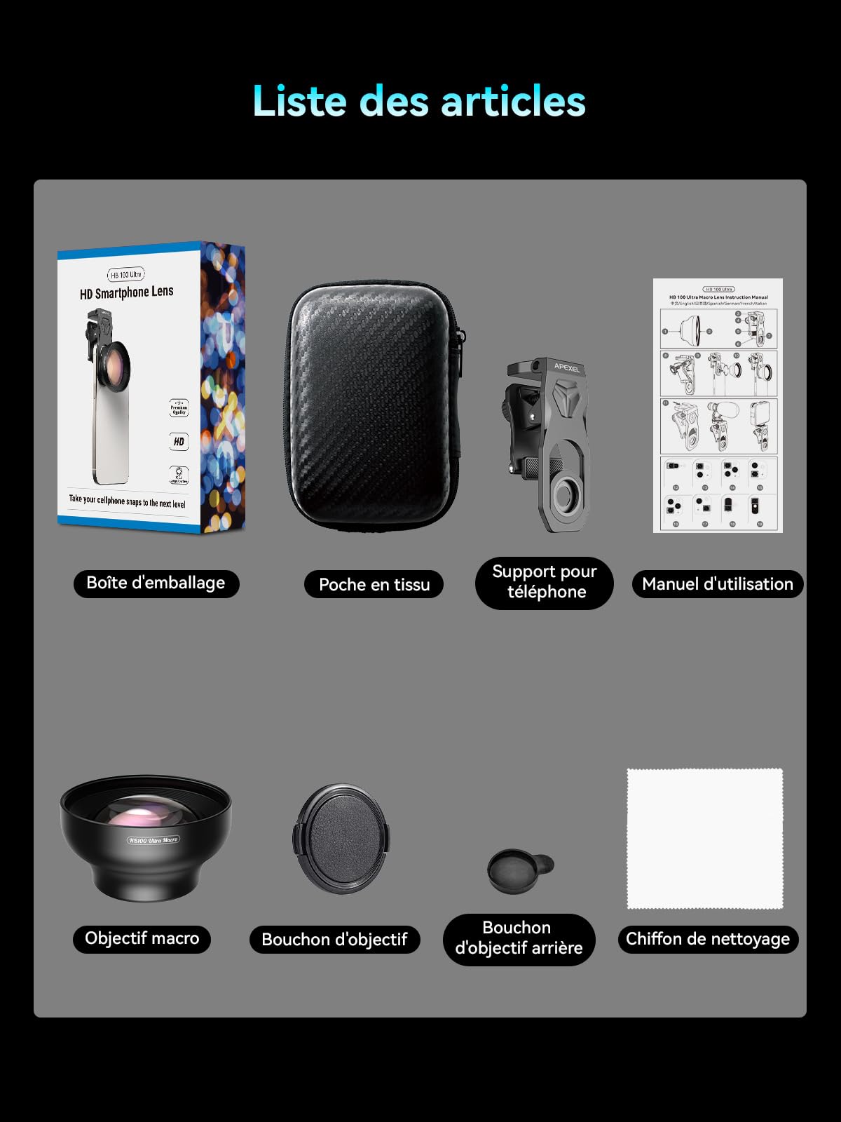 Objectif Macro APEXEL HB100Ultra pour iPhone, Clip pour Appareil Photo de Téléphone iPhone, Samsung, Pixel