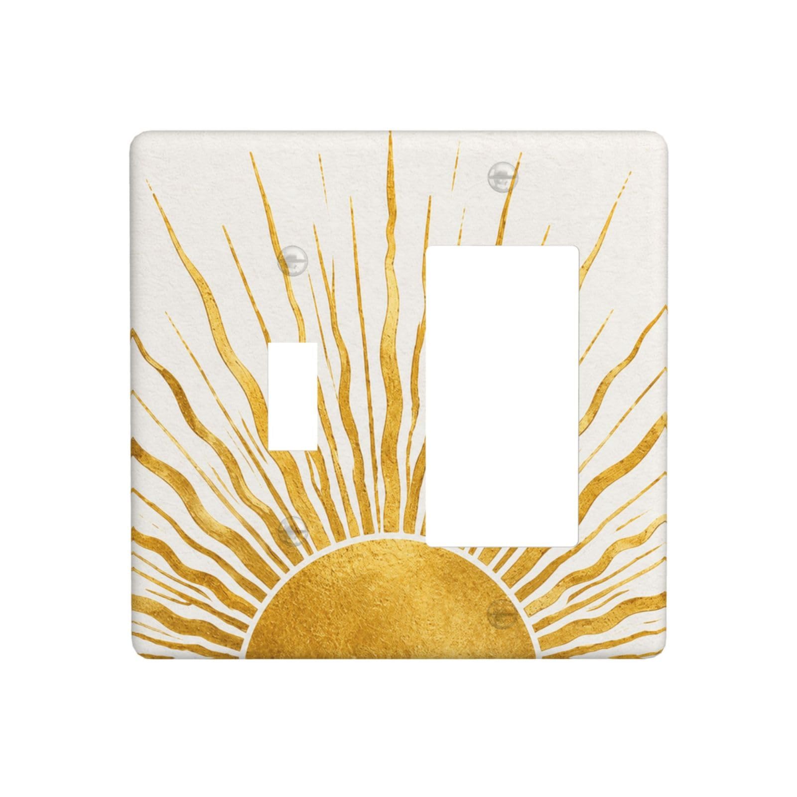Xuejiaku Decorative Outlet Covers Boho Gold Sun 2-Gang 1-Gang Wall Plate Single Toggle/Rocker Light Switch Covers Modern Abstract Gold Sunburst Receptacle Gfci Switchplate for Bedroom Home Decor