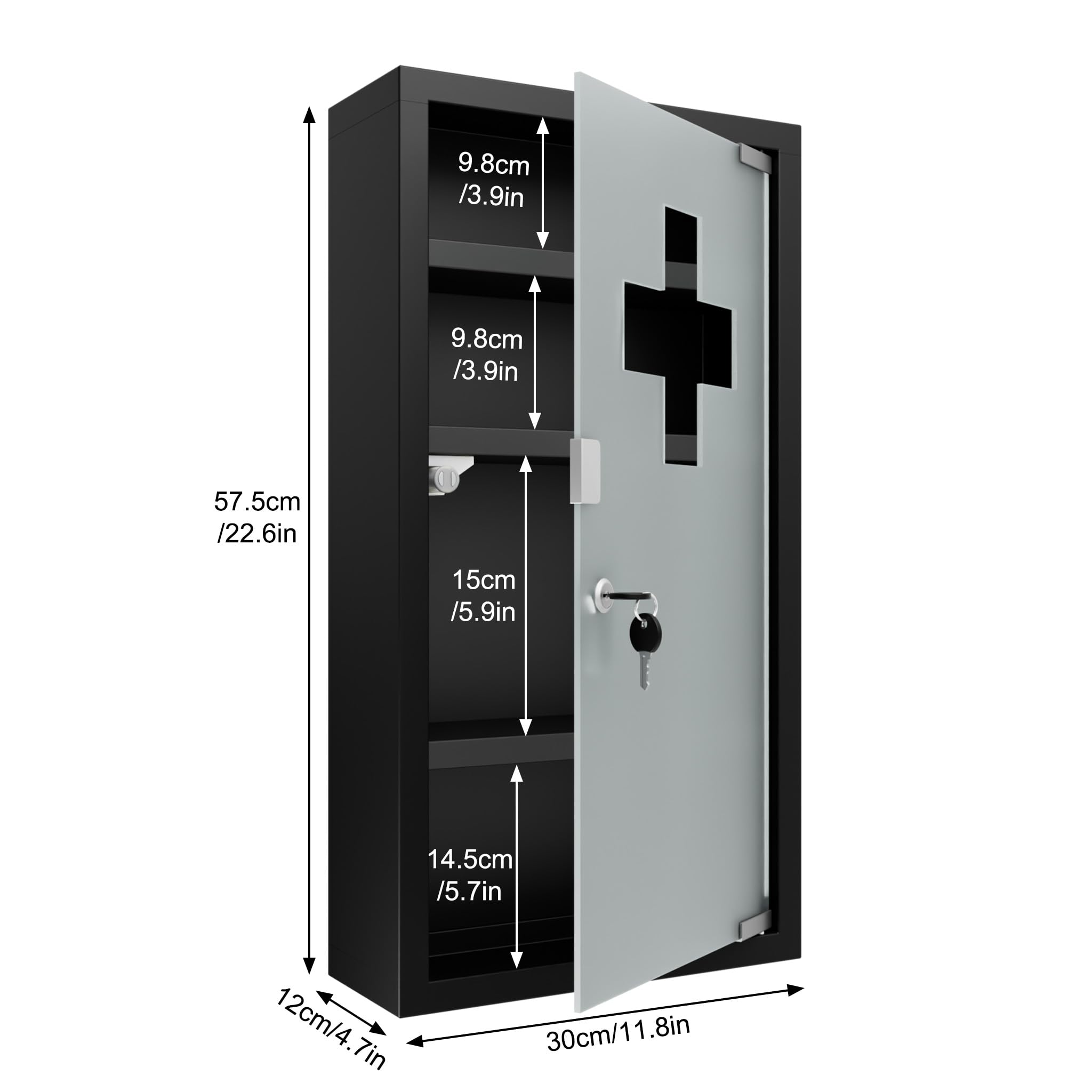 Froadp Armario medicinal de acero inoxidable con cerradura y puerta de cristal y cerradura, 30 x 12 x 57,5 cm, armario para medicamentos, botiquín de primeros auxilios (4 compartimentos), color negro