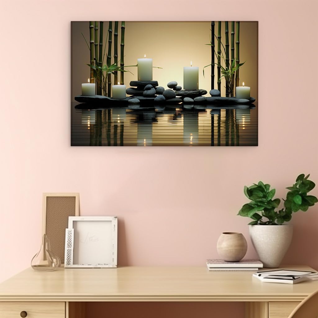 Canvas for Living room. Illuminating Serenity: Candles, Stones, and Bamboo Whispers in a Spa Oasis, 27 x 18 inch Canvas Wall Art - Modern Home Decor
