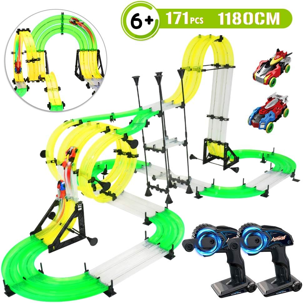RC Car Racing Track Toys - 171pcs 38.7ft Double Rail Car Race Track Set, Build Your Own 3D Super Track Car Playset, 2 Cars, 2 Hand-Operated Controllers, DIY Assembly Toys for Party Game Kids Friends