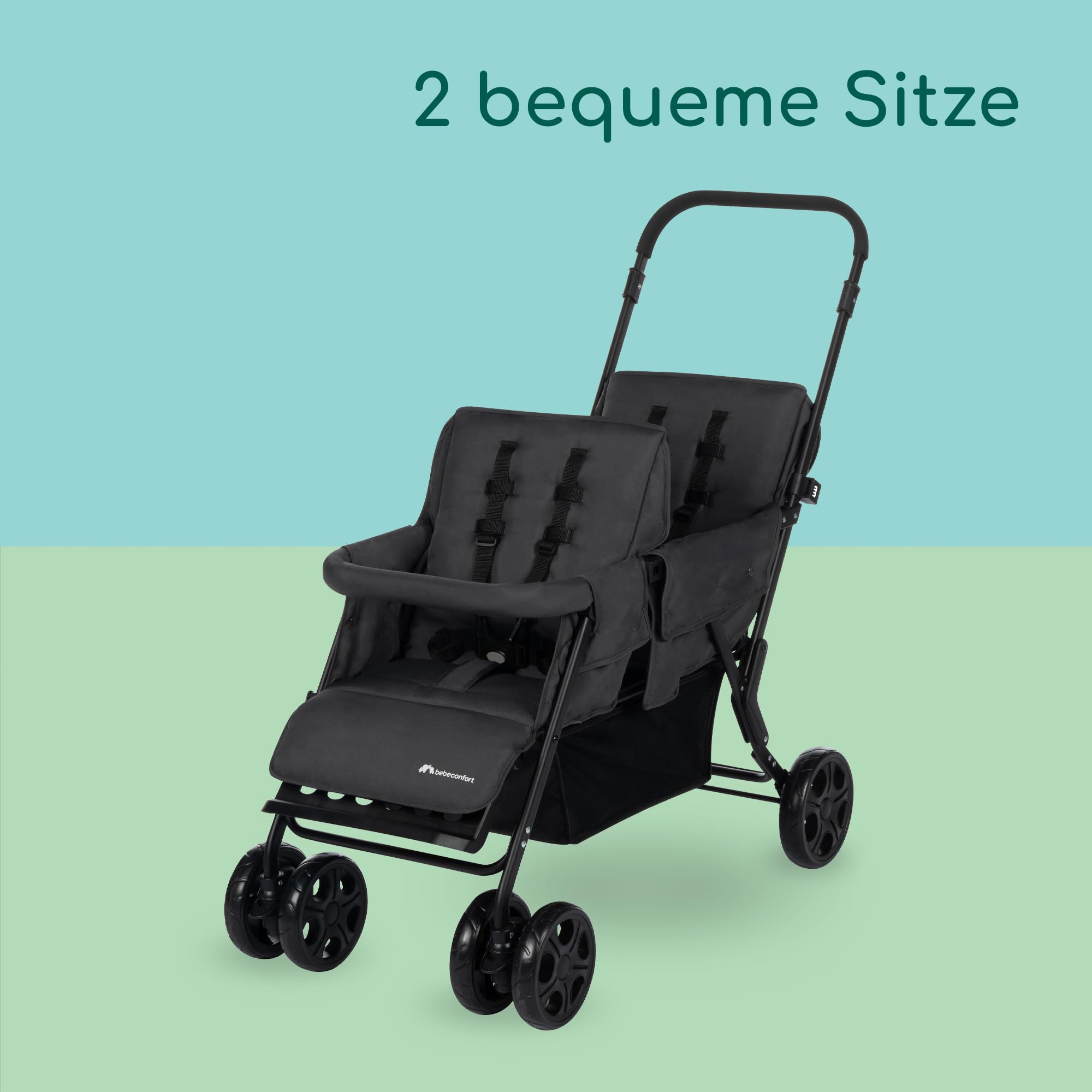 Bebeconfort Teamy Zwillings-Kinderwagen, Kompatker Geschwister-Kinderwagen, nutzbar ab der Geburst bis ca. 4 Jahre, 0-22 kg, Mineral Graphite