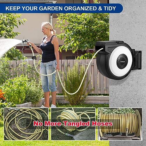 Retractable Garden Hose Reel by BSTOKCAM, 1/2" x100 ft Heavy Duty Water Hose Reels Automatic Rewind Storage, Self Wind Hose and Reel Holder Outdoor Organizer, Nozzle Included