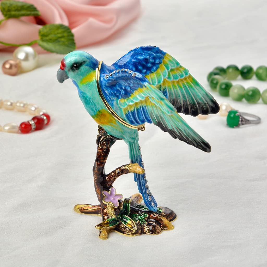Parrot Trinket Box Rhinestone Encrusted Enameled, Hand Painted Hinged Jewelry Storage, Bird Figurine Home Decor, Unique Gift for Bird Lovers & Collectors