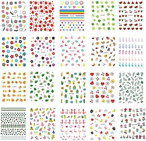 20 Sheets Nail Stickers, Flower Animal Plants Fruits Nail Art Decals, Self-Adhesive DIY Nail Art Decoration for Women and Girls