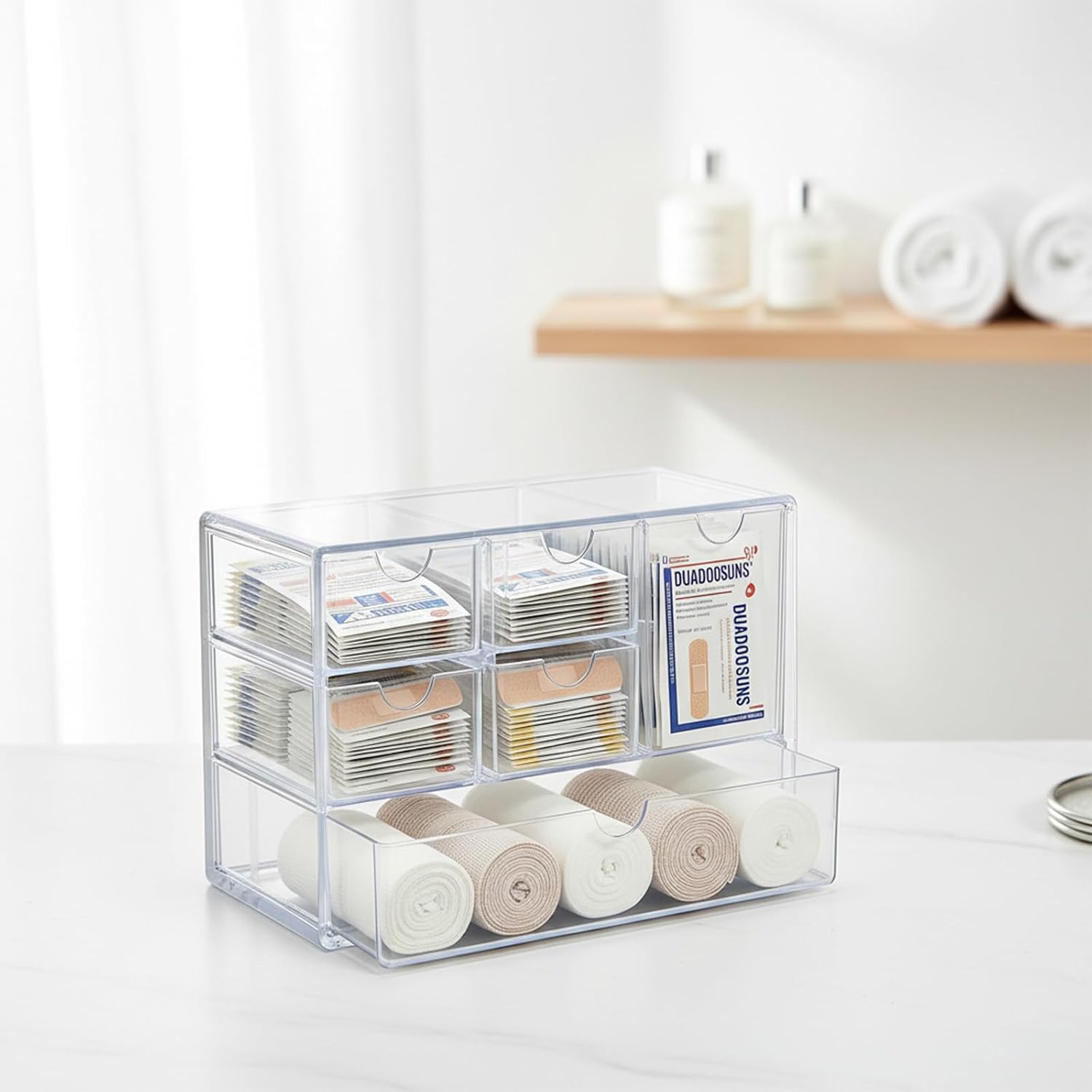 Bandaid Organizer Holder,6 Clear Drawers Medicine Storage Box with Flip Cover,Acrylic Multiple Compartments Band Aid Organizer,Bandaid Box for Elastic Bandage Wrap, Cotton Swabs(Clear)