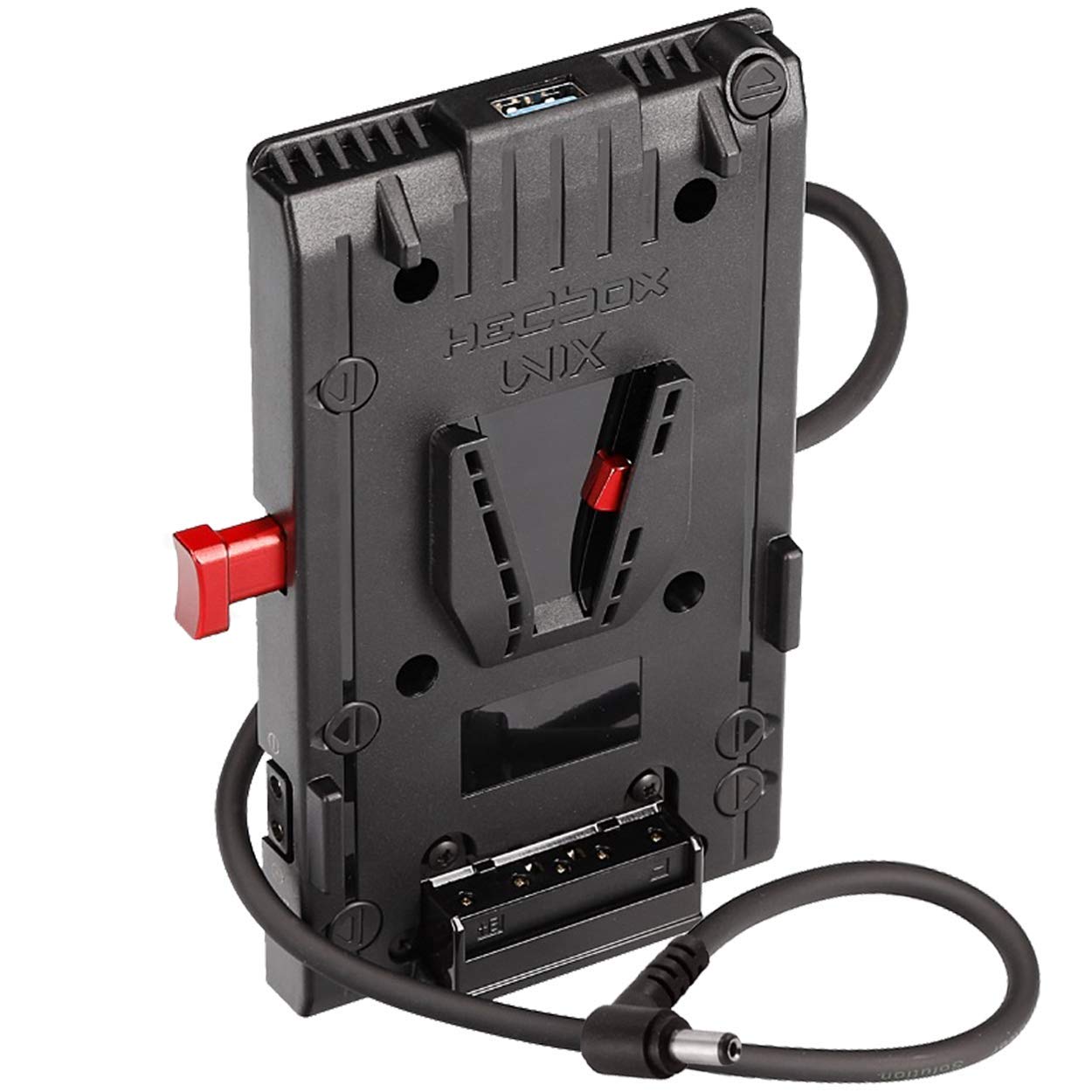 HEDBOX | Unix-DC | | V Mount/Lock Battery Adapter Plate, with 1x USB 5V/2.1A and 3X D-Tap 14.8V/148W Power Out, Integrated Regulated 12V/50W Power via 20in/50cm Breakaway Cable with Male DC5.5x2 Plug