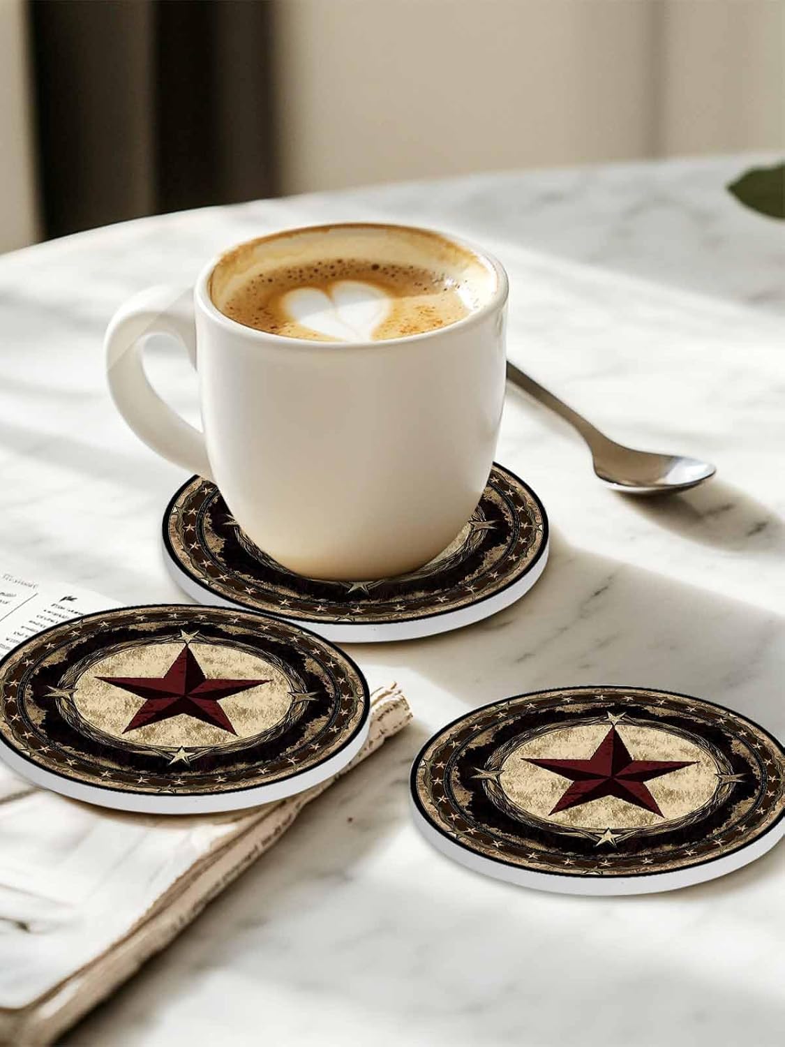 Western Texas Star Drink Coasters Set of 6 with Holder, Absorbent Farmhouse Vintage Round Ceramic Coasters for Desk, Country Retro Wooden Cup Mats for Home Kitchen Office Table Decoration Supplies