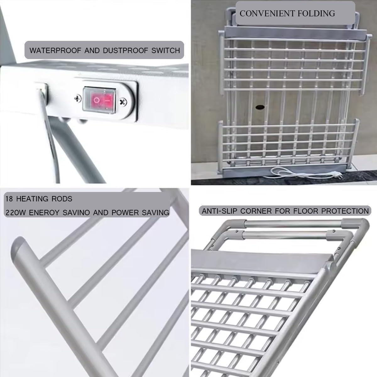 Home Electric Heated Clothes Drying Rack Balcony Foldable Clothes Airer Low Noise Metal Apartment Clothes Dryer with Wings Outdoor Large Capacity Laundry Airer 147 * 54 * 94cm