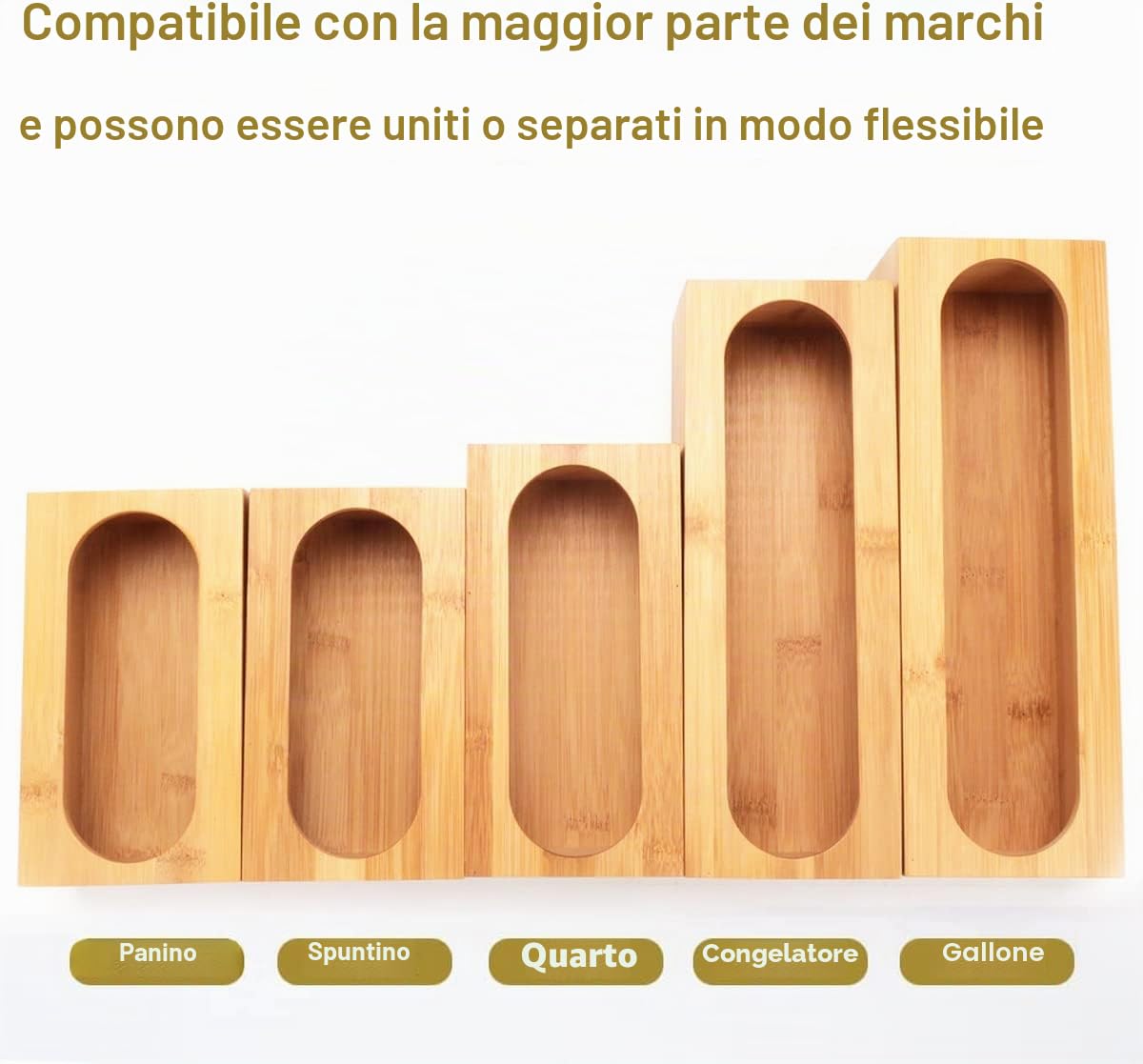 5 confezioni di organizer per sacchetti di bambù per la conservazione degli alimenti, organizer per sacchetti portaoggetti per la cucina, contenitori per cassetti compatibili con sacchetti da gallone
