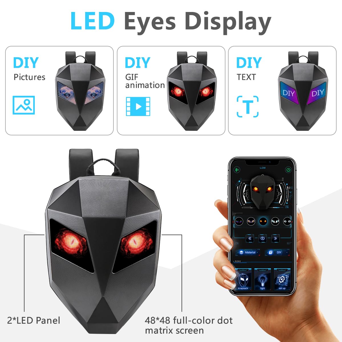 Mochilas dinámicas APP DIY Mochila para ordenador portátil, mochila de motocicleta con indicador de ojos LED, 3D Hard Shell Casco, bolsa de viaje programable dinámica pixel Daypack