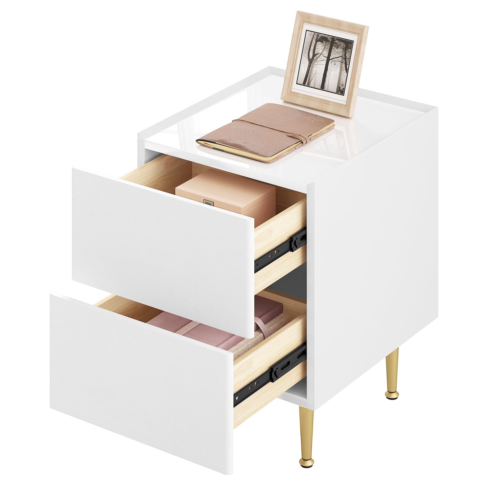 WOLTU Nachttisch mit 2 Schubladen, Beistelltisch Nachtschrank Hochglanz, 35x40x51cm, moderner Nachtkommode für Schlafzimmer, einfache Montage, Holz PVC+Metall, Weiß+Golden NTS10ws03