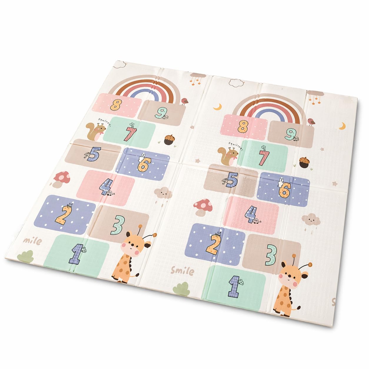 DAN&GO Extra Large Baby Play Mat, Foldable, Double-Sided, Beige, Non-Toxic XPE Material, Portable Activity Floor Mat for Babies 0-12 Months & Kids, Educational Design (Hopscotch, 71 * 79 * 0.4)