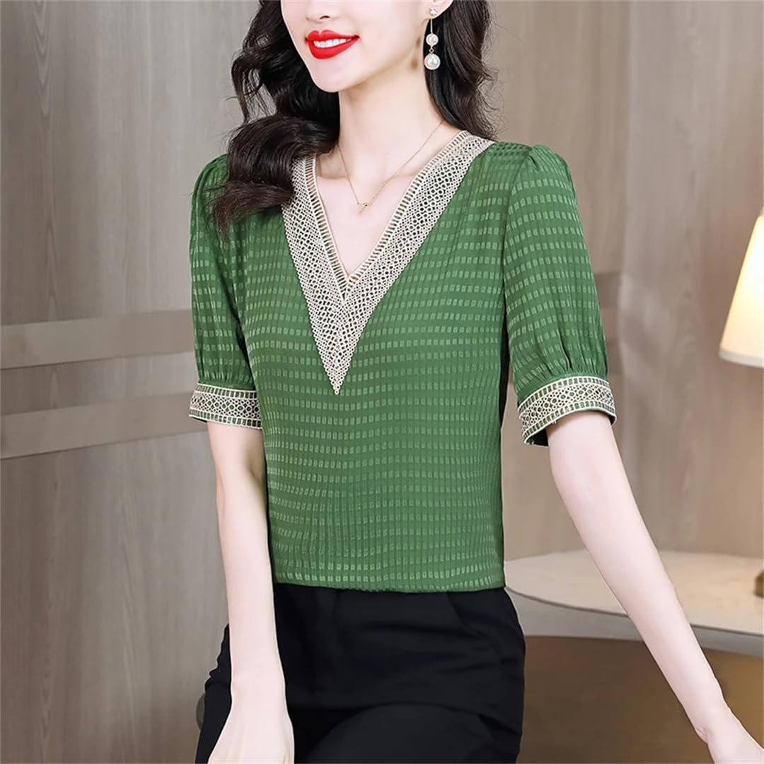 Camicetta da donna in raso a maniche corte con scollo a V in pizzo primaverile camicetta casual