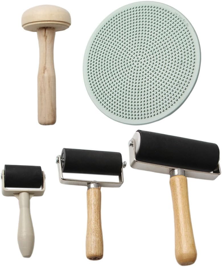 Happyyami 5pcs DIY Printmaking Tool Set Wooden Mushroom Roller with Rubber Brayers and Plastic Press Baren for Block Printing Supplies