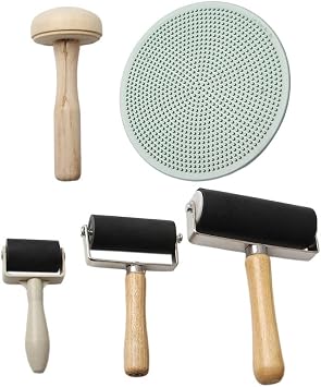 Operitacx 5 Pcs Printing Tool Set for DIY Art Craft Stamping Including Plastic Block Printing Ballon Rubber Roller and Wood Mushroom Roller