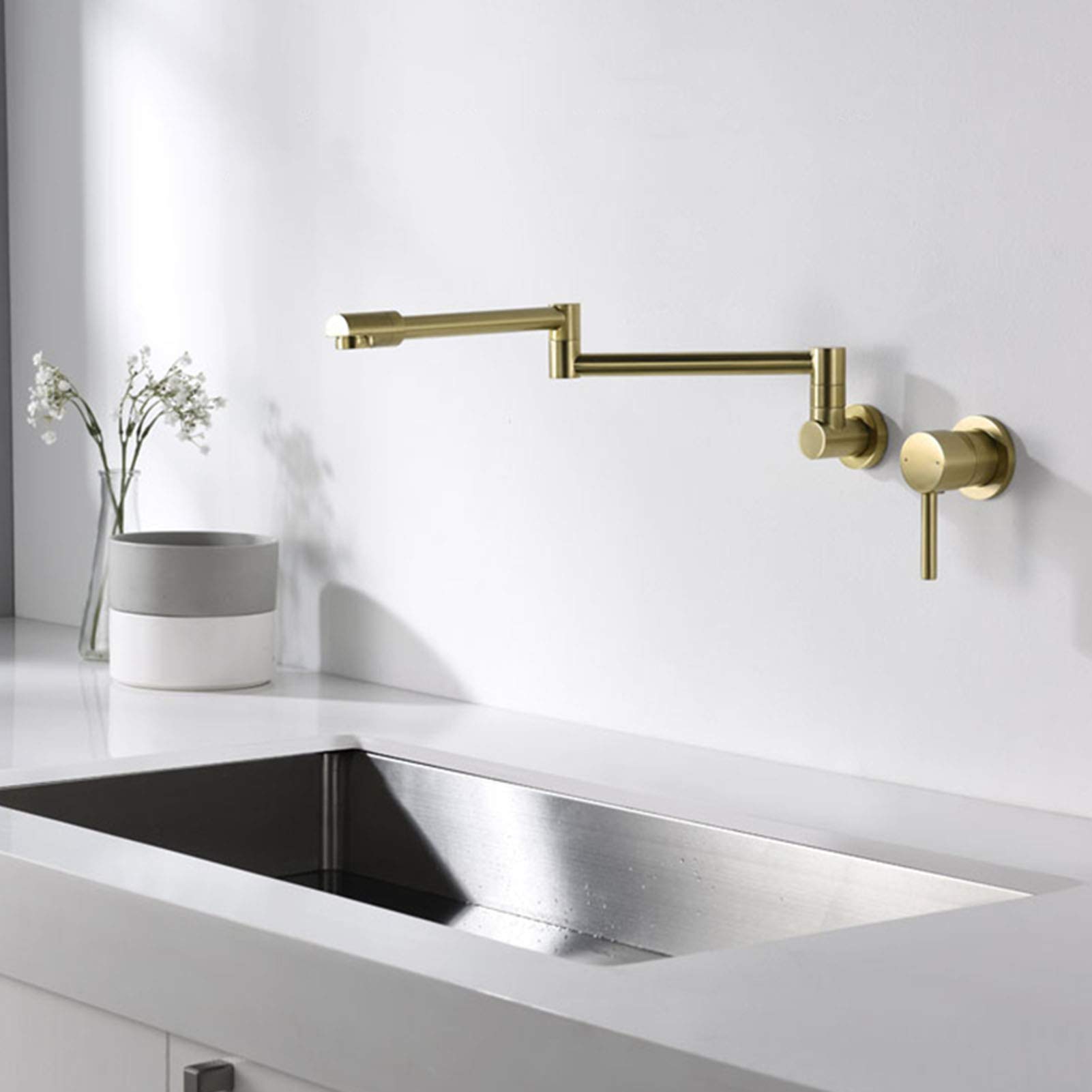 Rubinetto di riempimento per vaso a parete, design a doppio giunto snodato, rubinetto per lavello da cucina in ottone, miscelatore a due fori con maniglia singola, oro spazzolato
