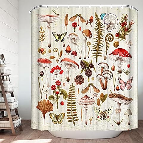 Vintage Mushroom Shower Curtain Retro Forest Nature Wild Plant Bathroom Decor with Aesthetic Mushrooms Butterflies Leaves Berries Cones Acorns, 70S 60S Modern Bathroom Accessories with Hooks 72X72IN Cover