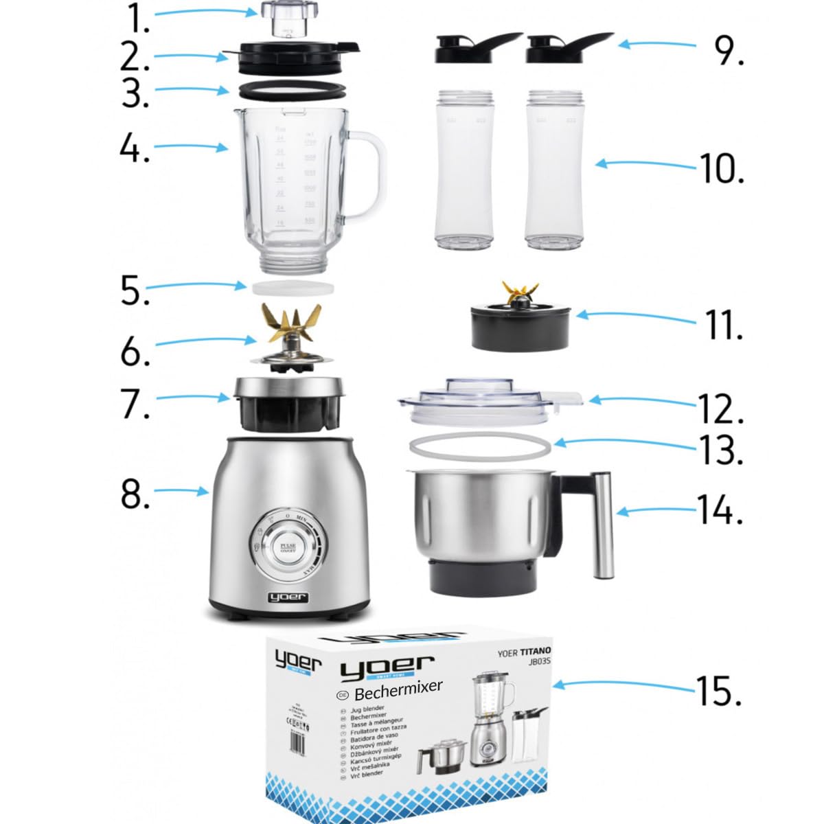 Yoer Titano JB03S, Blender Kielichowy 4w1, młynek do kawy i ziół, mikser do przyrządzania smoothie i koktajli, tytanowe ostrza, wielofunkcyjny, stołowy, stojący, srebrny