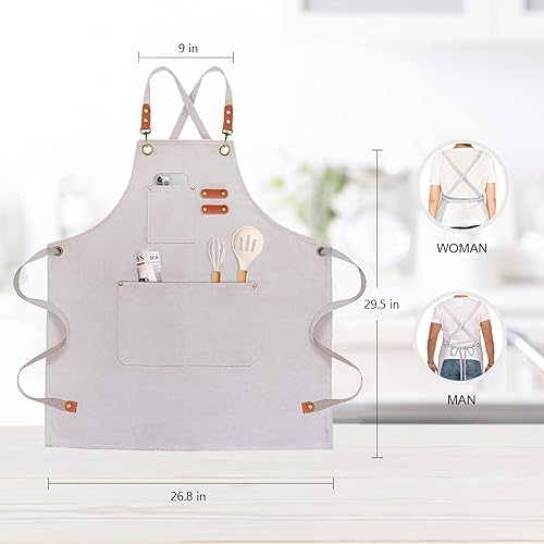 Miniatura 2 de Delantal de chef para hombres y mujeres, delantales de lona con 3 bolsillos traseros cruzados, delantal de trabajo resistente para cocinar