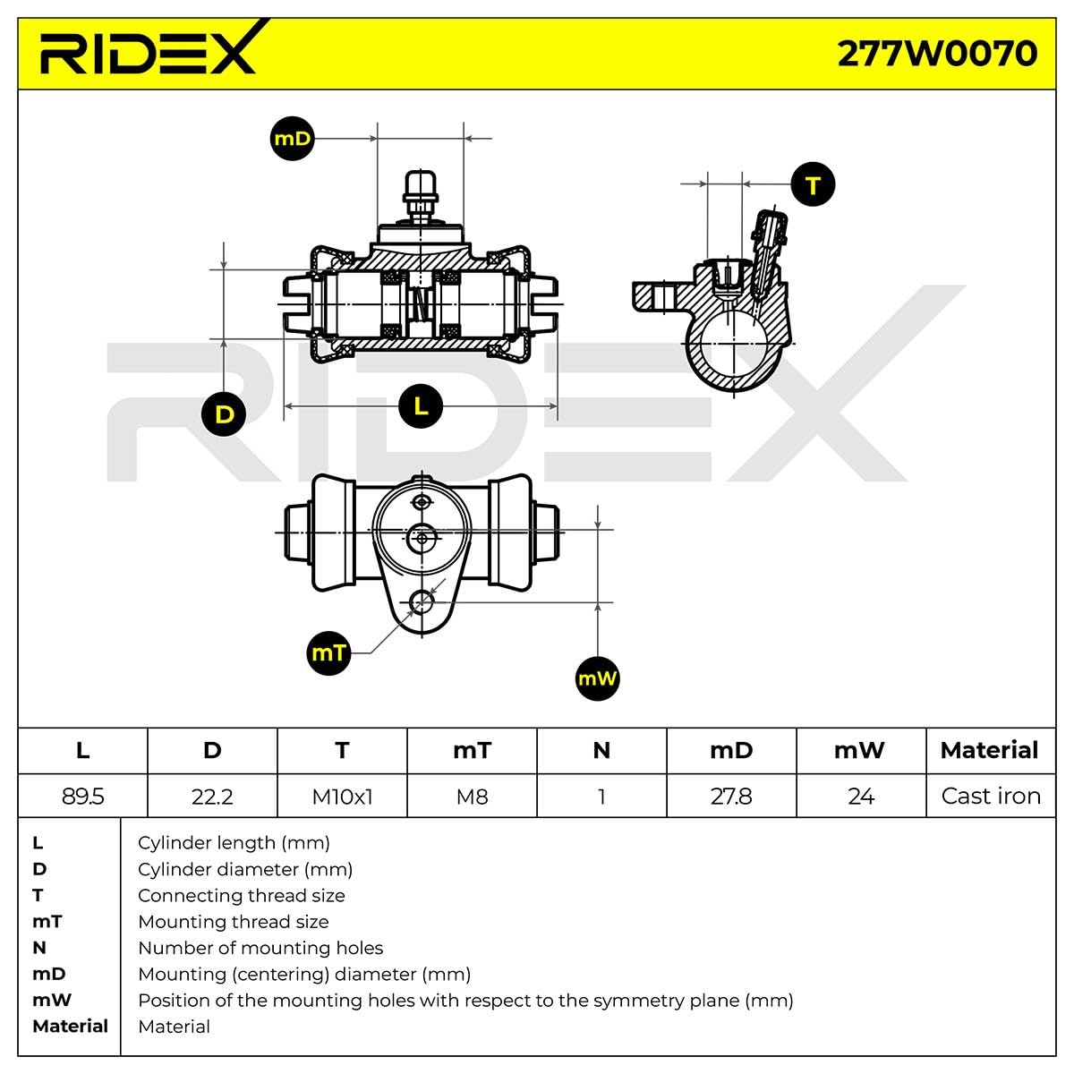 RIDEX 277W0070 Cilindro de freno de rueda Trasero Derecha Delantero Trasero Izquierda