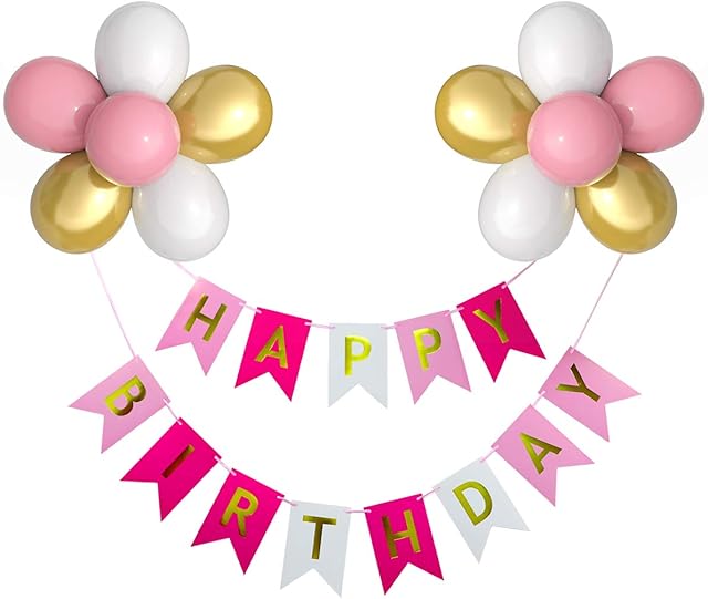 Pudiman Happy Birthday Banner Pink Garland Birthday Bunting Sign with 12 Latex Balloons for Women Girls Boys Birthday Party Decorations Supplies