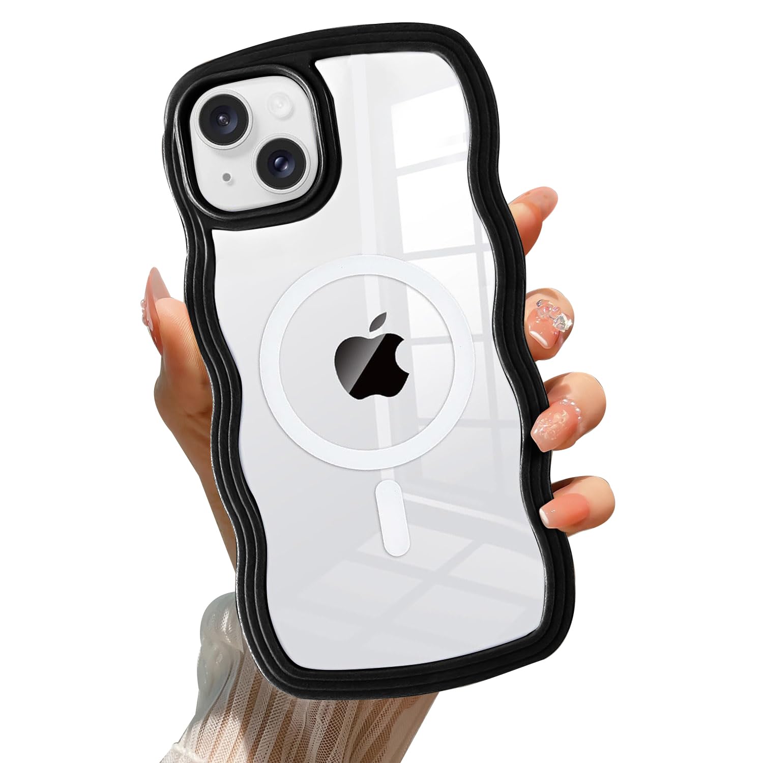 QLTYPRI Magnetic for iPhone 13/14 Case Compatible with Magsafe, Cute Curly Wave Frame Clear Case for Girls Women, Transparent TPU Bumper Shockproof